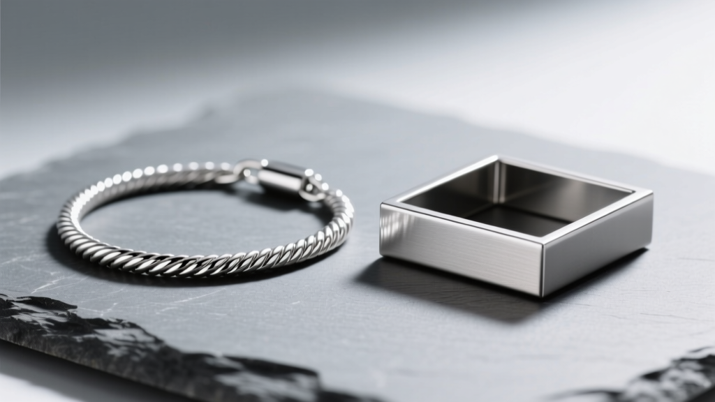 Platinum cable chain and brushed titanium box chain resting side by side on gray slate under bright and diffused studio lighting.