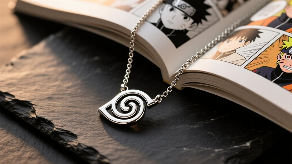 Close-up of a stainless steel Uzumaki clan crest necklace resting on dark slate beside a manga, lit by soft warm studio lighting