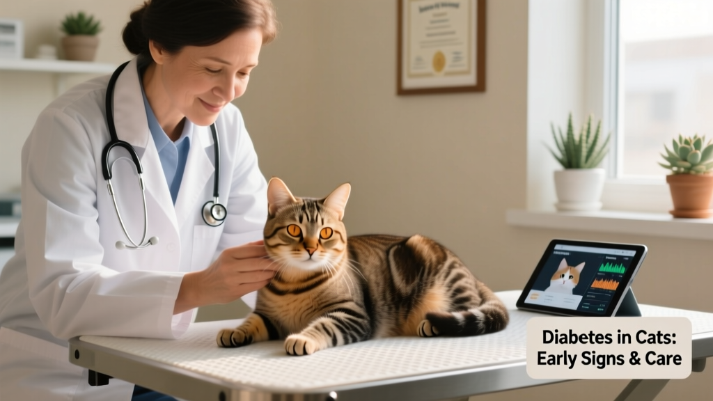 Close-up of a veterinarian gently examining a calm, middle-aged cat during a routine checkup