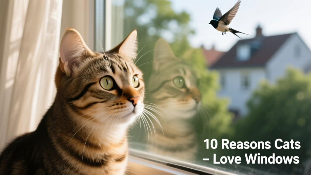 Close-up of a tabby cat’s face pressed gently against glass, eyes wide and focused on birds visible just outside the window