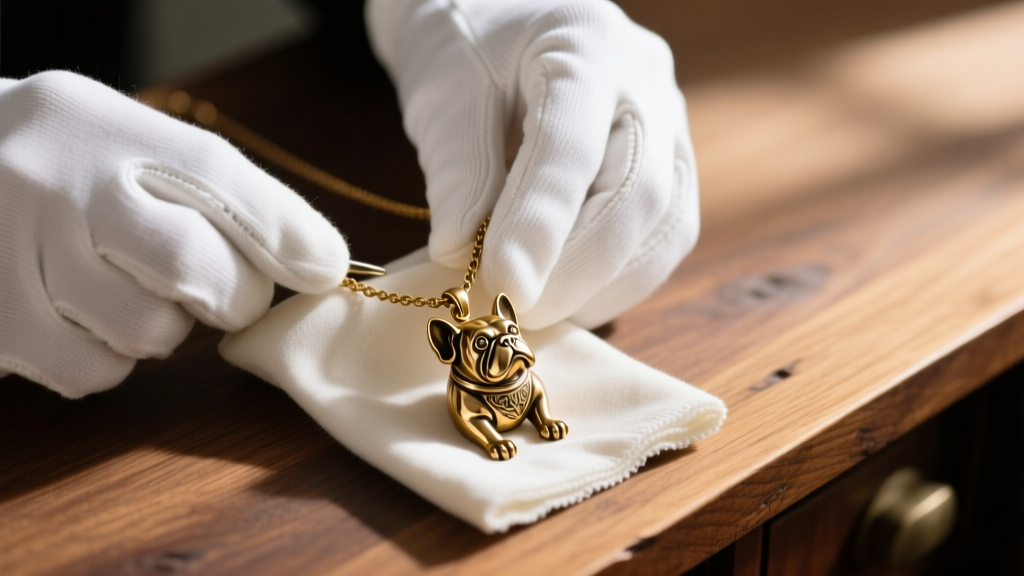 Hands in white cotton gloves gently polishing a vintage brass bulldog necklace with a microfiber jewelry cloth on a wooden desk.