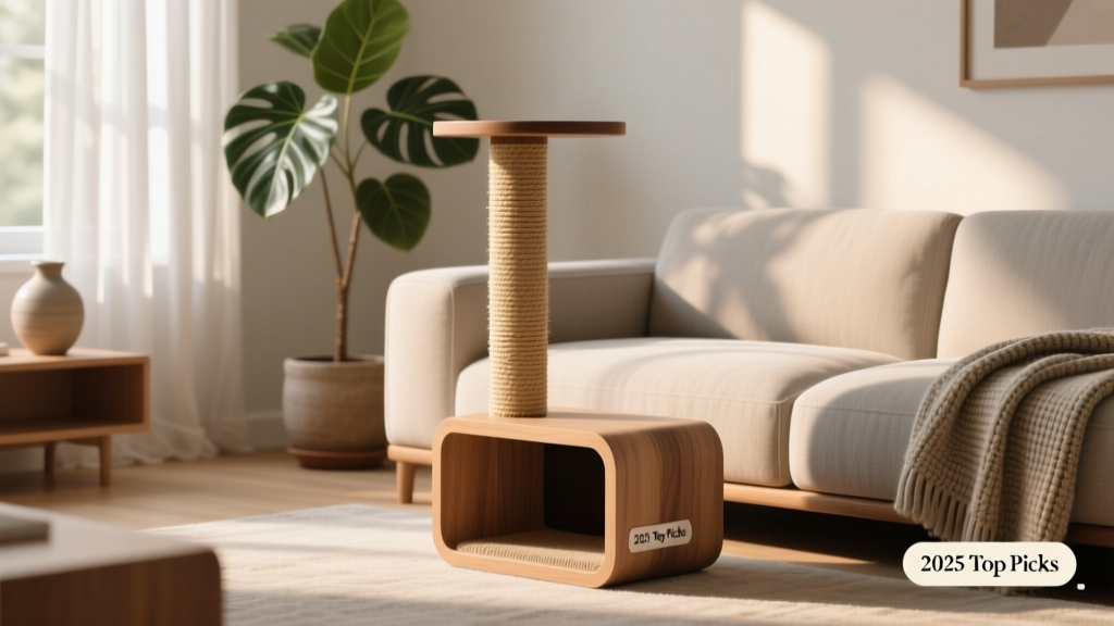 A sleek, minimalist cat scratcher post in a sunlit living room next to a neutral sofa
