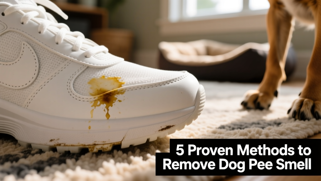 Close-up of dog urine stain on white athletic shoe sole and upper