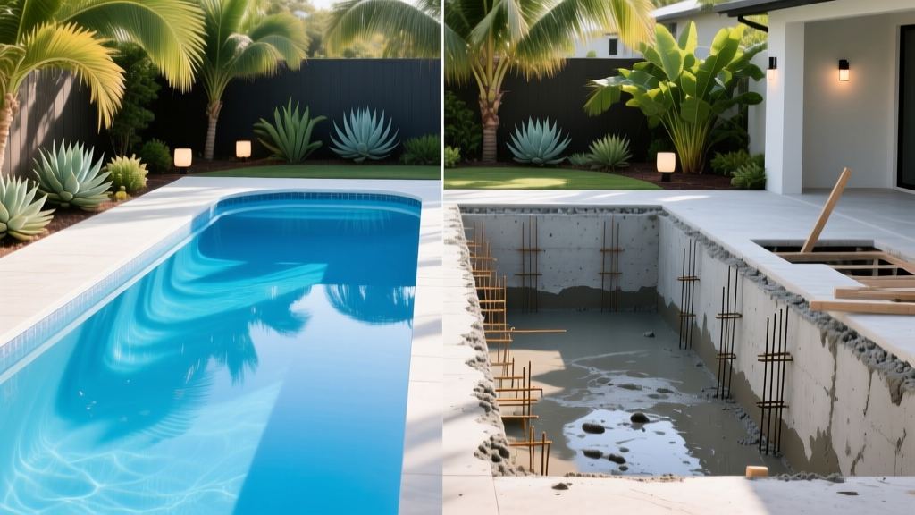 Split-view backyard showing a smooth blue fiberglass pool shell next to a textured gunite concrete pool under construction