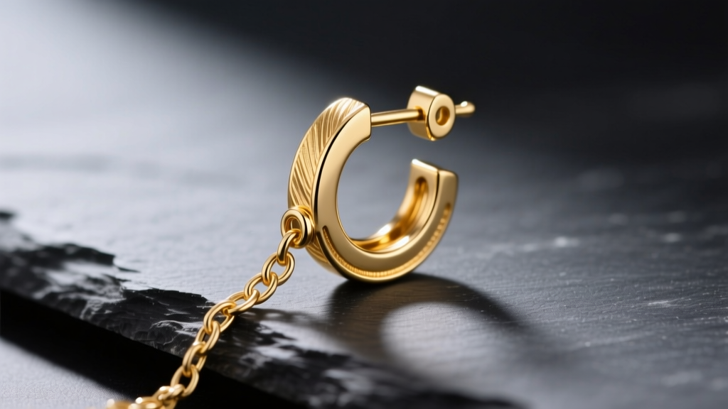 Close-up of an 18k gold vermeil earring with a chain and adjustable ear cuff resting on dark slate under studio lighting.