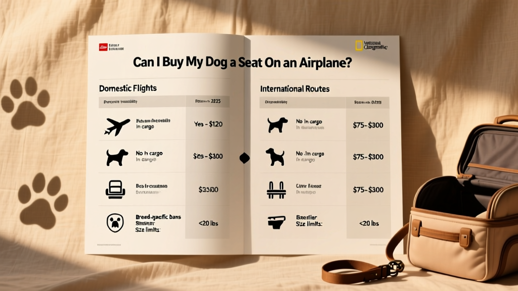 Side-by-side comparison chart showing airline policies for dog travel, including seat purchase availability, fees, and carrier restrictions
