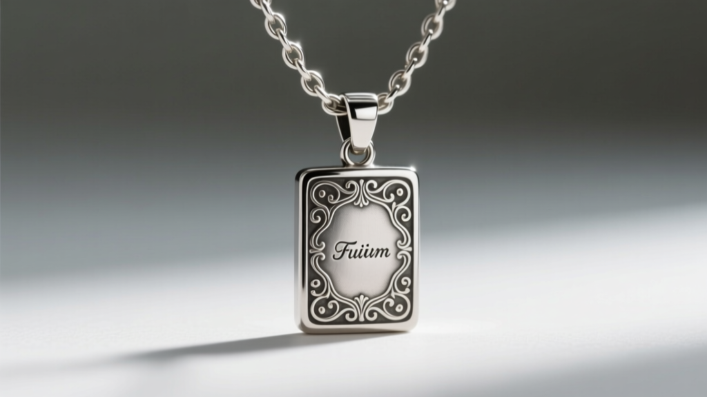 Macro shot of a stainless steel scapular chain link connecting to a small rectangular pendant with a detailed vintage engraving
