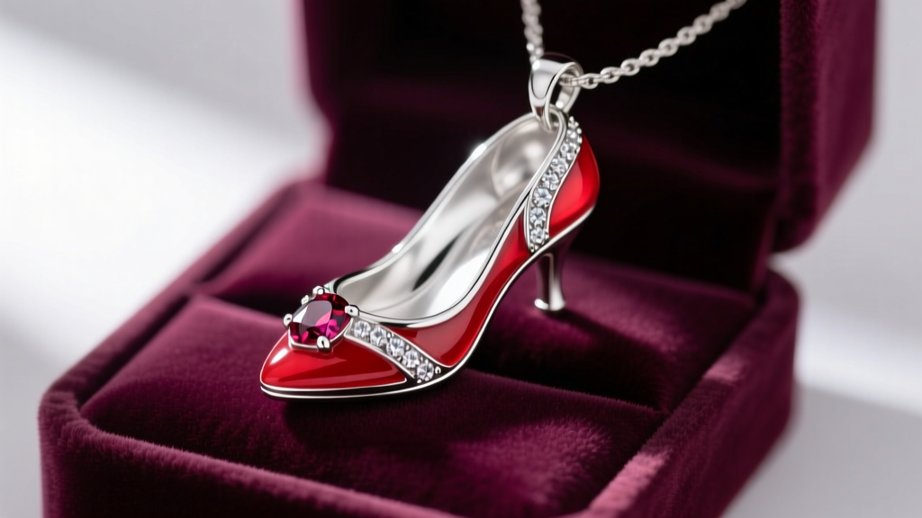 Close-up of a sterling silver ruby slipper pendant with red enamel and cubic zirconia accents resting on a velvet gift box.