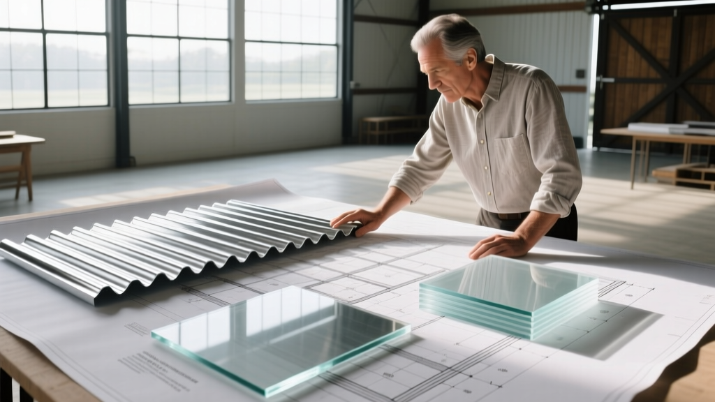 Architect reviewing corrugated Galvalume metal roofing panels and polycarbonate samples on a modern barn blueprint.
