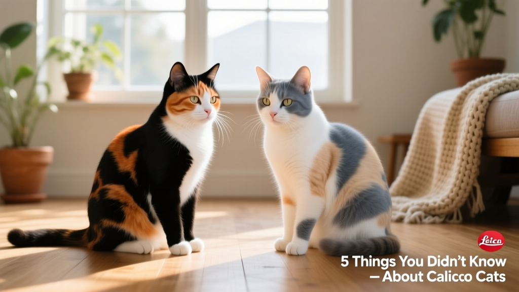 Side-by-side comparison of a standard calico and a dilute calico, showing how lighter pigment tones create a softer, muted version of the same pattern