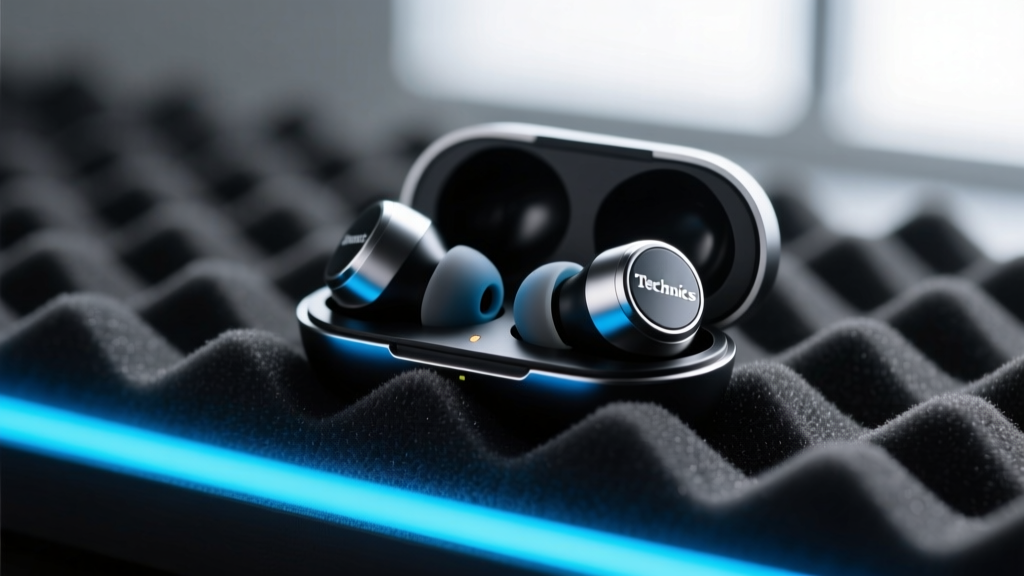 Macro shot of Technics EAH-AZ100 true wireless earbuds resting on matte black acoustic foam with subtle neon blue LED lighting accents