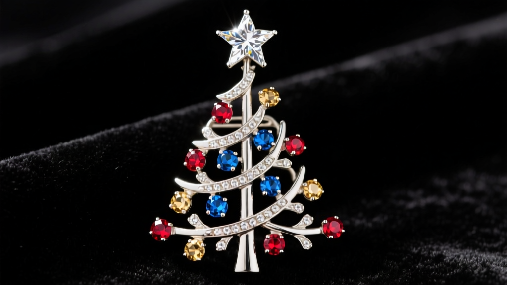 Close-up of a 1950s silver Christmas tree brooch with tiny rhinestone ornaments and a star topper against a dark black backdrop
