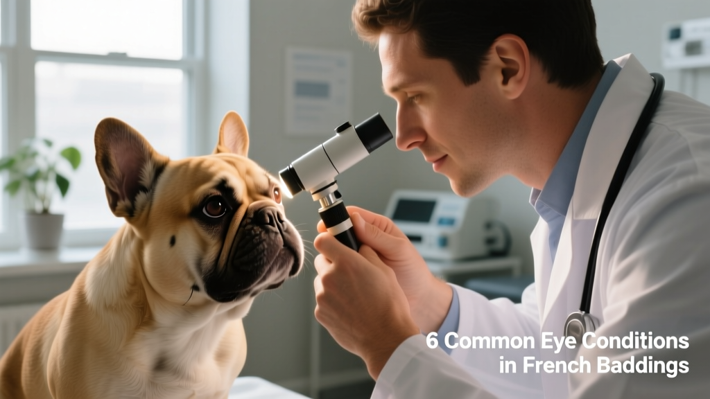 Veterinarian gently examining a French Bulldog's eye with an ophthalmoscope during a routine check-up