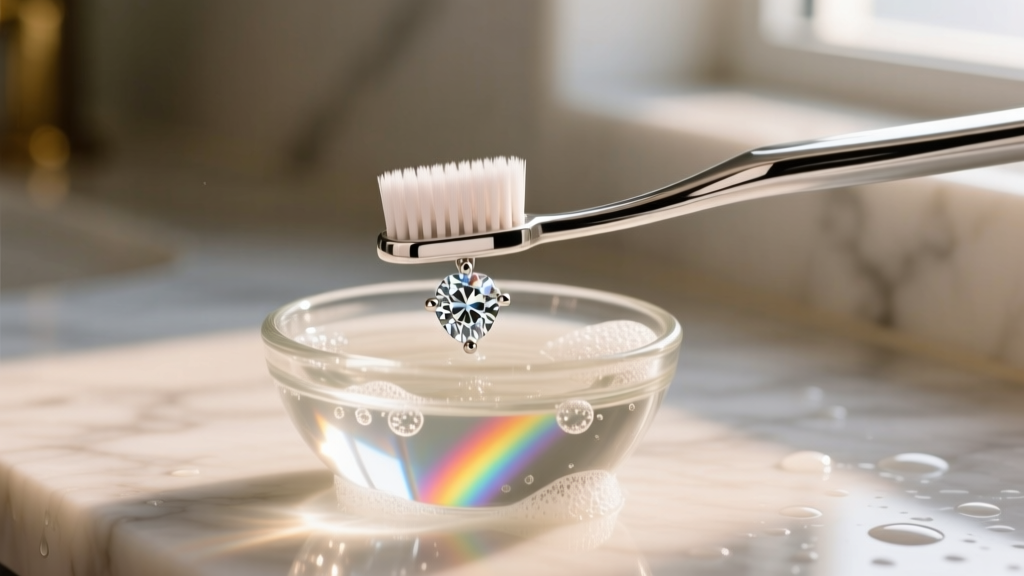 Soft toothbrush gently scrubbing the underside of a floating diamond solitaire setting in a small glass bowl of warm soapy water.