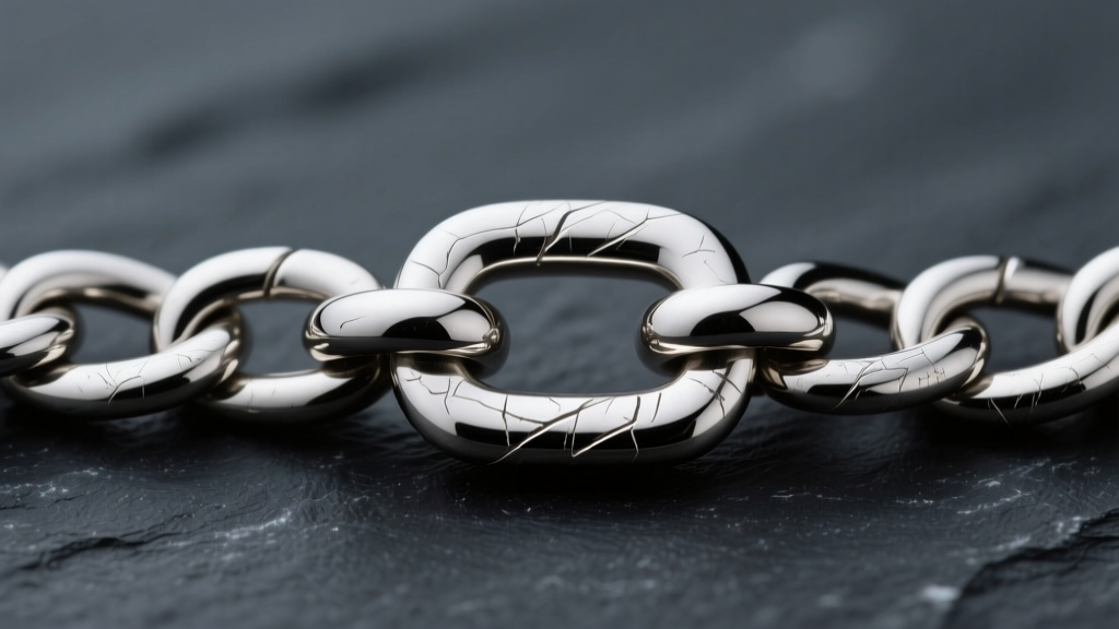 Macro shot of a platinum rolo chain clasp showing micro-scratches and natural patina against a dark slate background.
