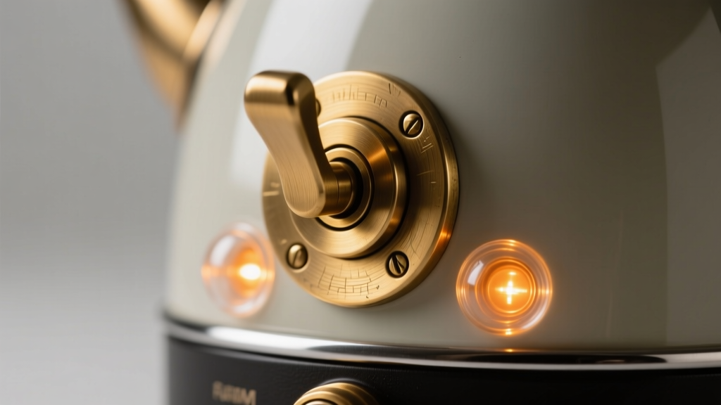 Close-up of heavy machined brass lever switch on retro-styled electric kettle base with glowing amber LED temperature indicators
