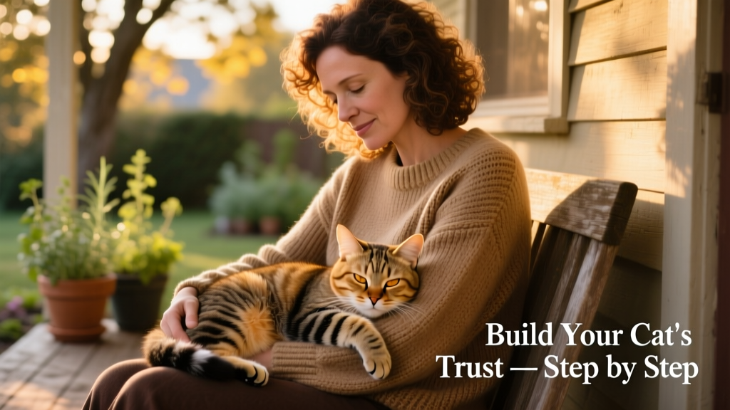 Woman wearing a brown sweater gently cuddling a relaxed tabby cat