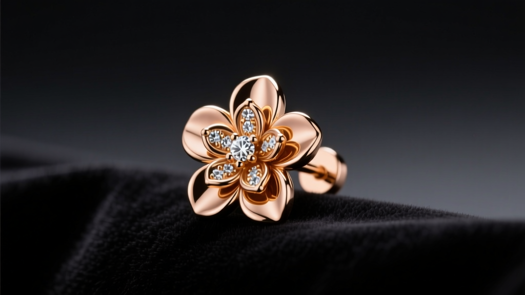 Close-up of an 18k rose gold Roberto Coin Princess Flower earring stud resting on dark velvet, illuminated by soft studio lighting