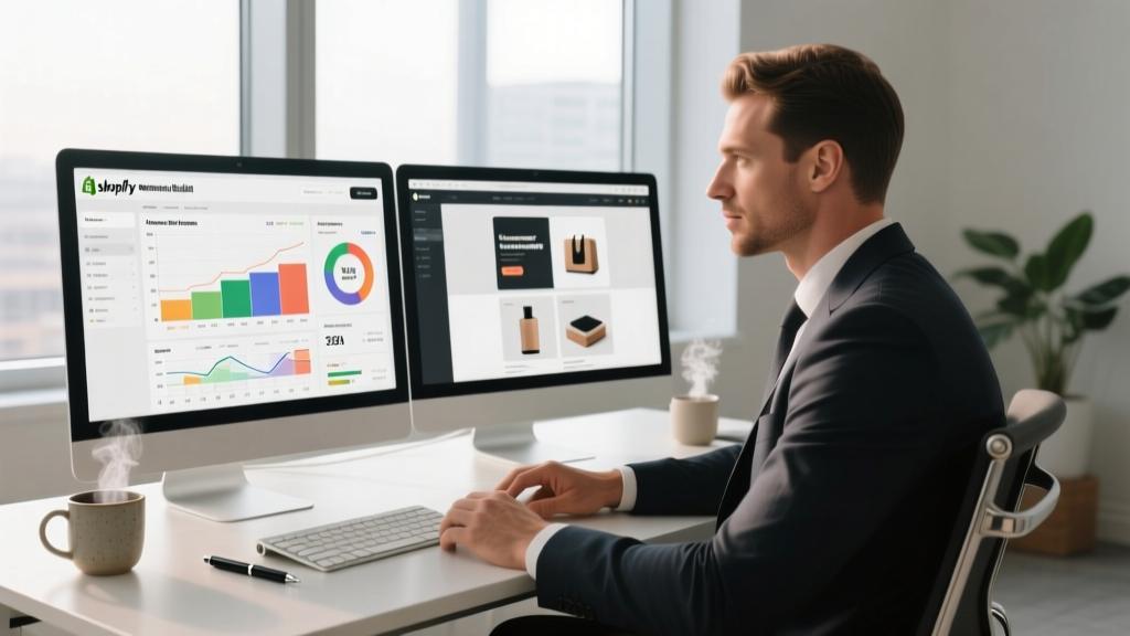 Financial planner reviewing a detailed budget spreadsheet for a Shopify e-commerce website buildout on a dual-monitor desk setup