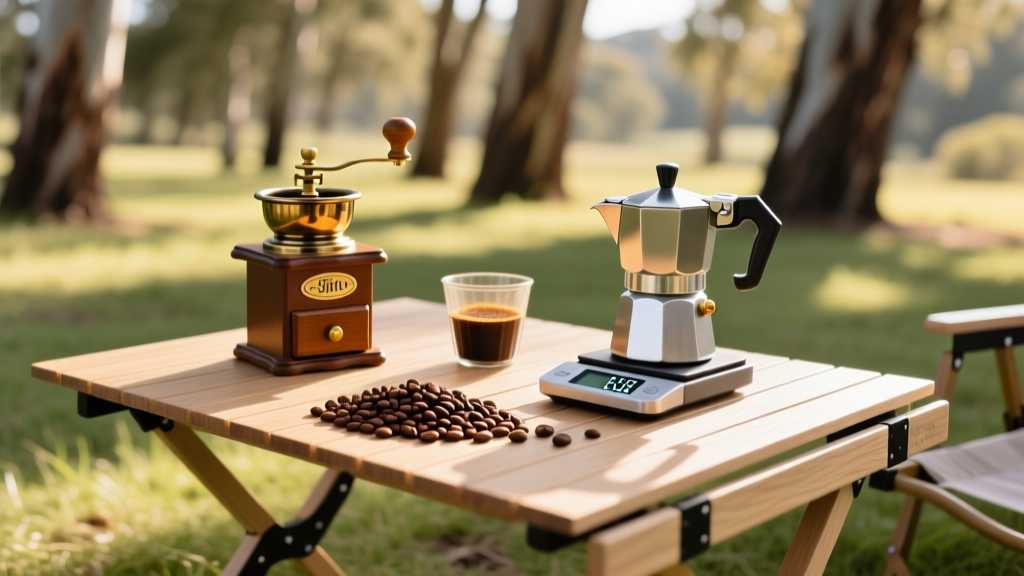 A meticulous outdoor coffee station featuring a hand grinder, portable espresso maker, digital scale, and fresh grounds spread on a foldable camp table.