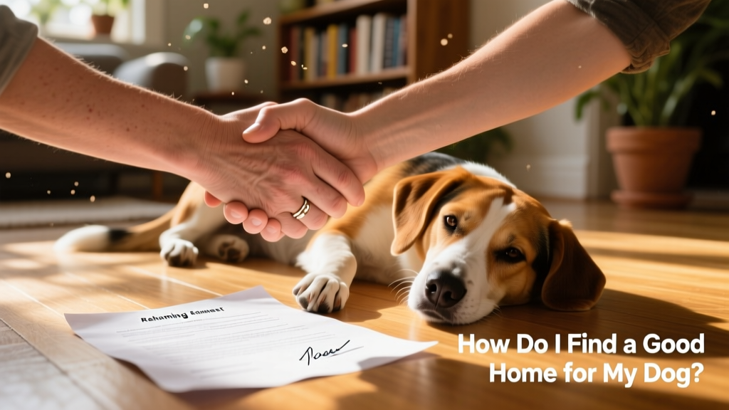 Two hands shaking over a signed rehoming agreement with a dog resting calmly between them