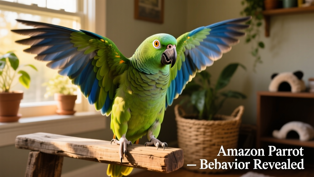 A male Amazon parrot fluffing feathers and standing tall on a perch, displaying mild territorial posture