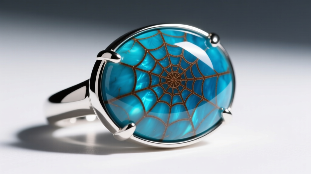Macro shot of Lander Blue turquoise cabochon with brown spiderweb matrix resting beside a polished sterling silver bezel setting.