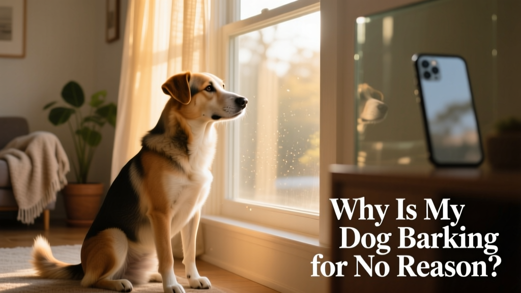 A calm dog sitting indoors near a window, looking relaxed and engaged