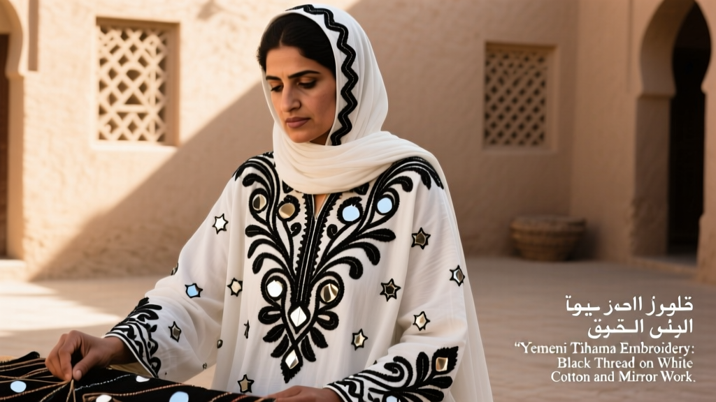 Yemeni Tihama Embroidery Black Thread On White Cotton And Mirror Work