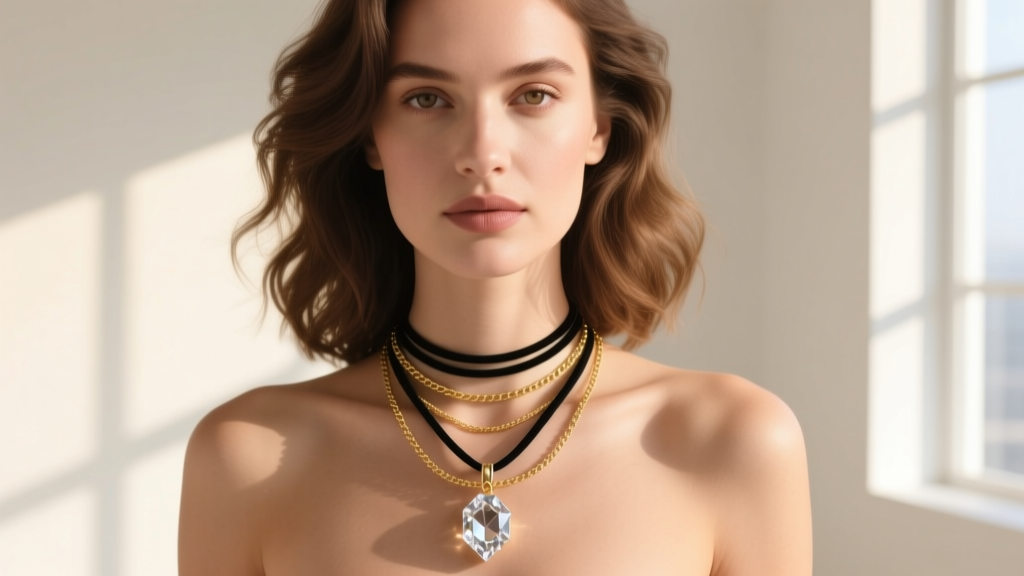 Woman wearing a layered necklace stack with a chunky crystal pendant on a black cord and a delicate 18-gauge gold cable chain.