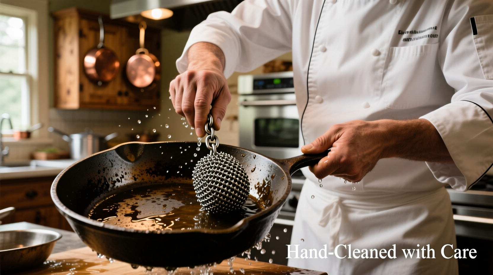 Chef hand-cleaning cast iron skillet with chainmail scrubber