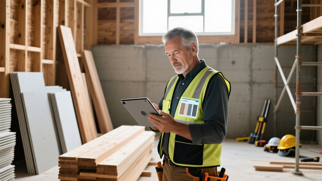 Contractor reviewing digital building material guides on a tablet next to stacked fiber cement siding and lumber at an active job site