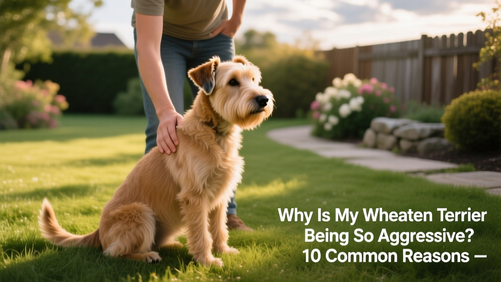 A calm, well-groomed Wheaten Terrier sitting attentively beside its owner on a grassy lawn