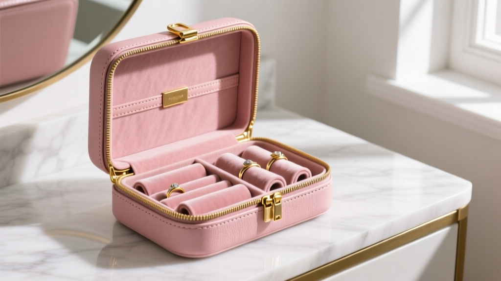 Elegant blush pink leather purse jewelry box open on a marble vanity, revealing velvet ring rolls and a gold zipper closure