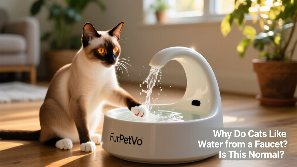 A relaxed cat sitting beside a FurPetVo fountain, gently dipping a paw into the flowing water