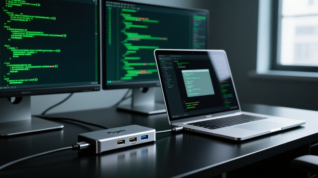 Close-up of a Plugable Thunderbolt 4 dock connected to dual 4K monitors and a high-end laptop in a dimly lit coding environment