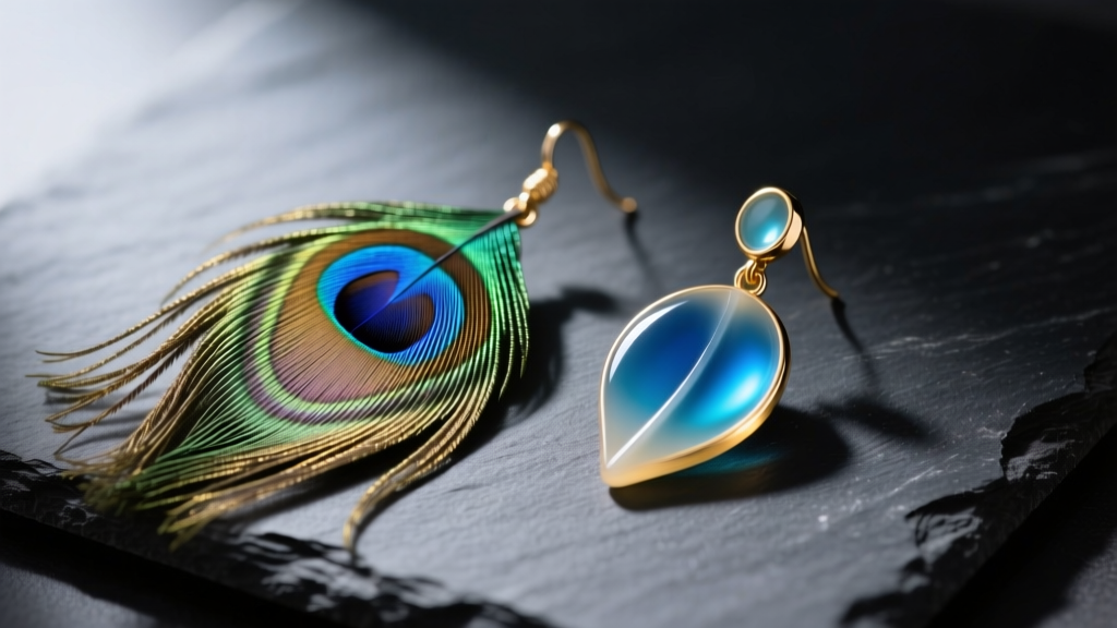 Macro photography comparing a natural molted peacock feather earring next to a vegan cellulose acetate replica on dark slate
