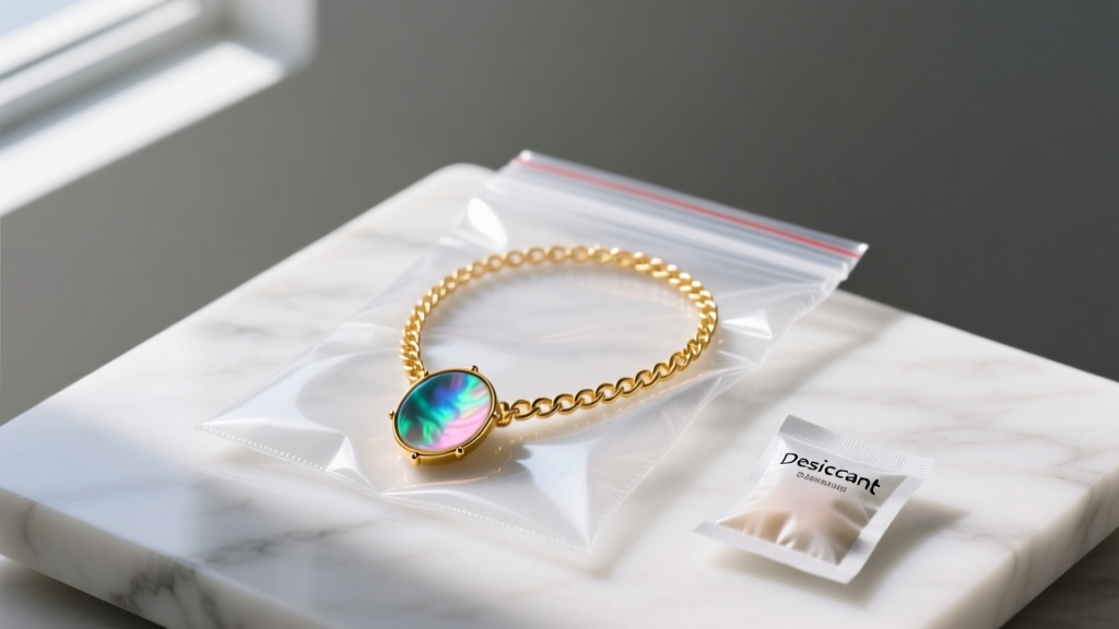 14k gold soleil necklace with mother-of-pearl center stored in an anti-tarnish polyethylene bag beside a small silica gel packet