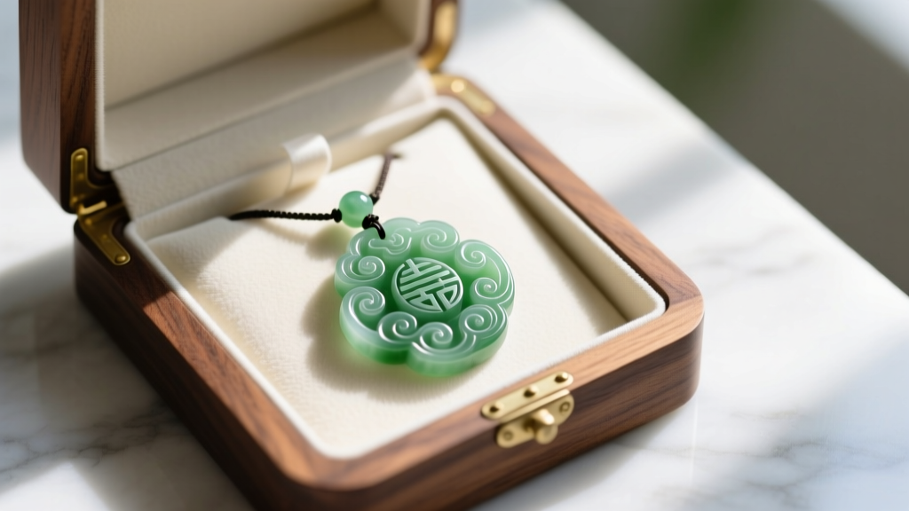 Carved nephrite jade necklace stored inside a lined wooden jewelry box with soft fabric compartments to prevent surface scratches.