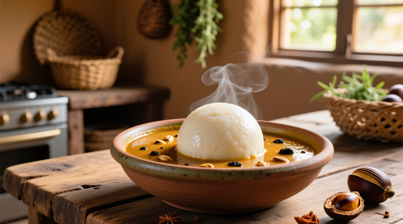 Smooth white fufu ball beside vibrant palm nut soup