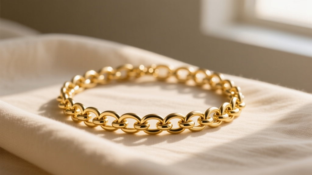 A 14k solid gold rolo chain staple necklace on beige linen, soft morning light highlighting the interlocking round metal links.