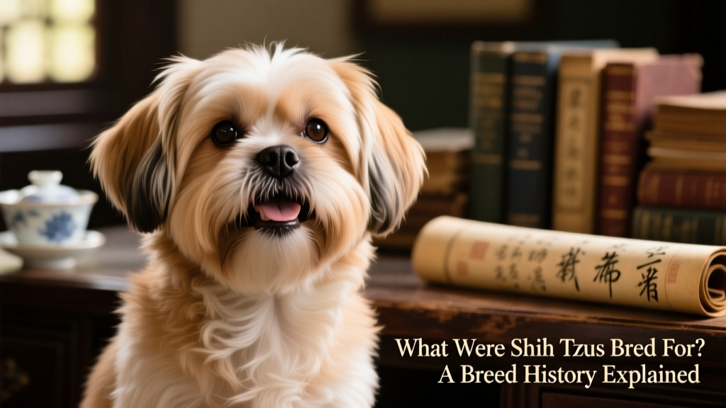 A close-up portrait of a smiling Shih Tzu with well-groomed coat and gentle expression