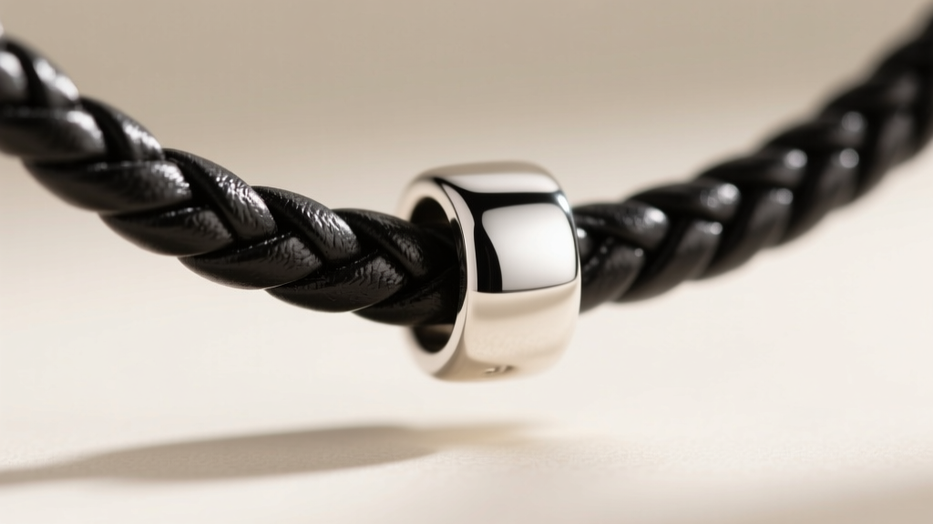 Macro shot of a 4mm round braided black leather cord threading through a polished 925 sterling silver slide pendant bail