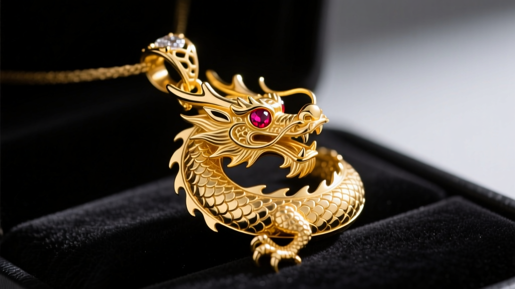 Macro photography of an 18k yellow gold dragon pendant with ruby eyes, resting on dark velvet with dramatic side lighting
