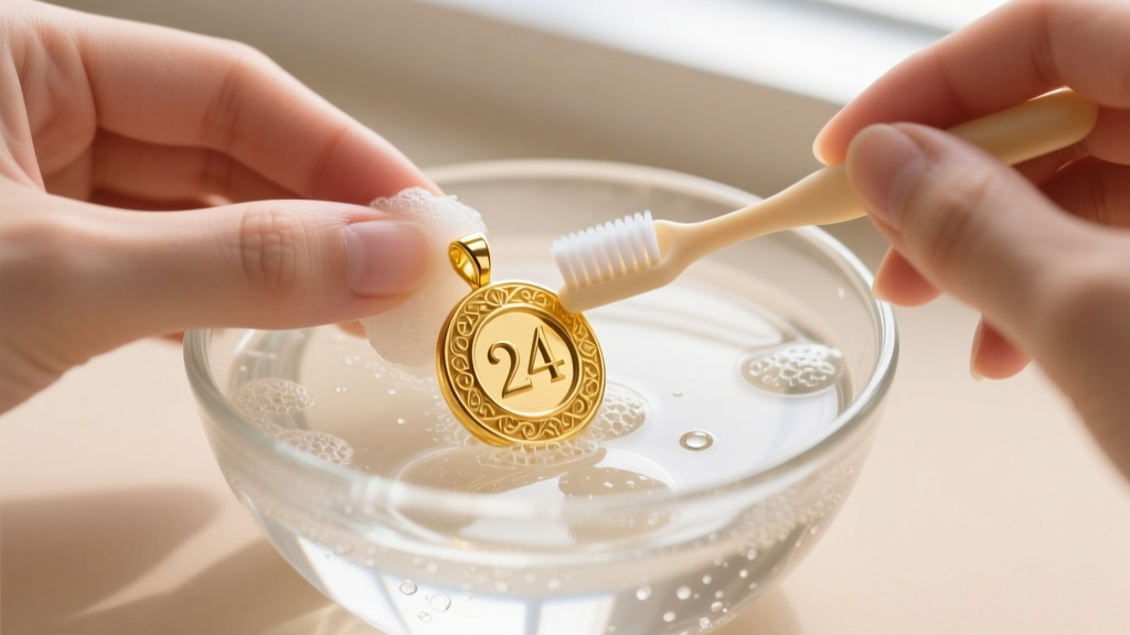 Hands cleaning a 24k gold pendant in a glass bowl of soapy water, using a soft baby toothbrush under bright natural window light.