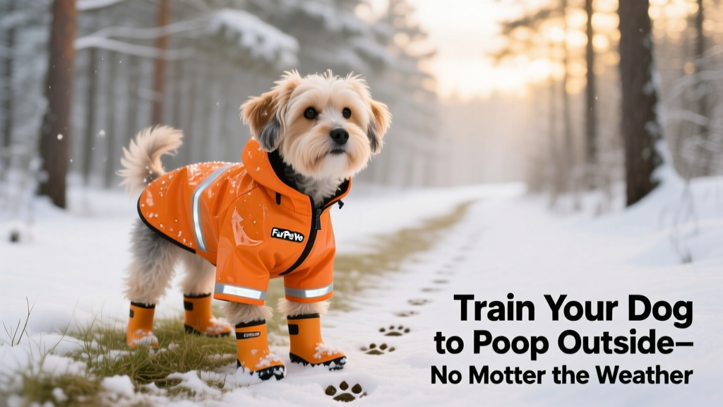 A small dog wearing FurPetVo brand rain gear—coat and booties—standing confidently on a snowy path near a cleared patch of grass