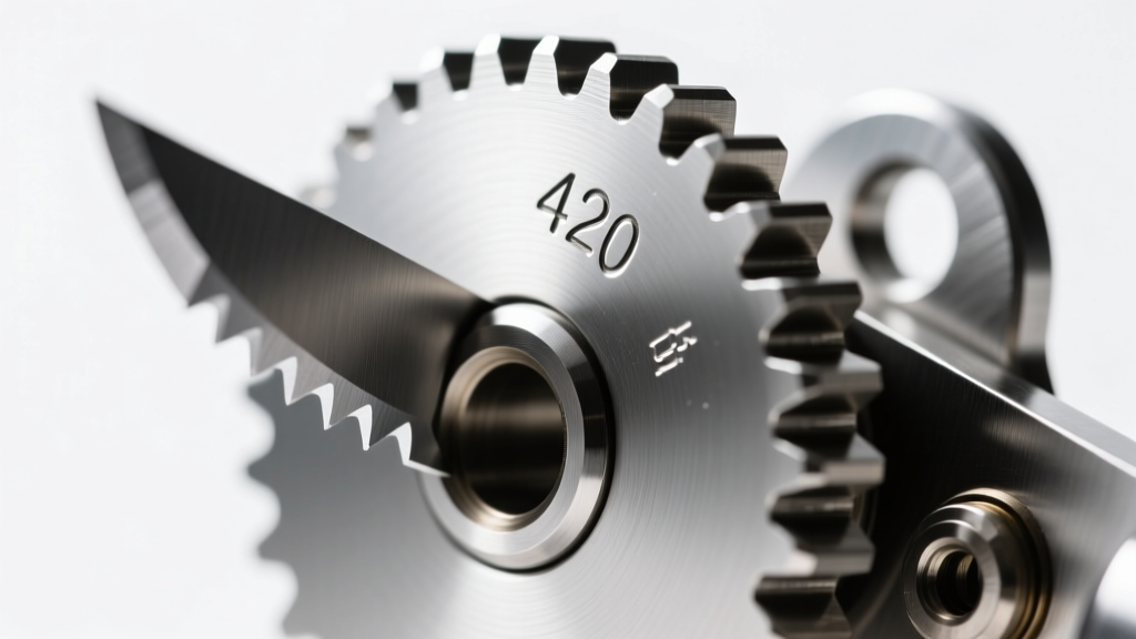 Macro photography of a 420 high-carbon stainless steel can opener cutting wheel showing the bevel edge and interlocking traction gear