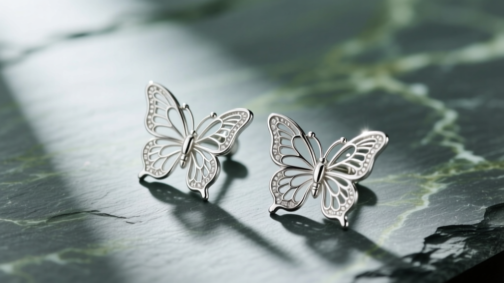 Macro shot of sterling silver butterfly earrings on slate, showing detailed filigree wings and bright metallic light reflections.