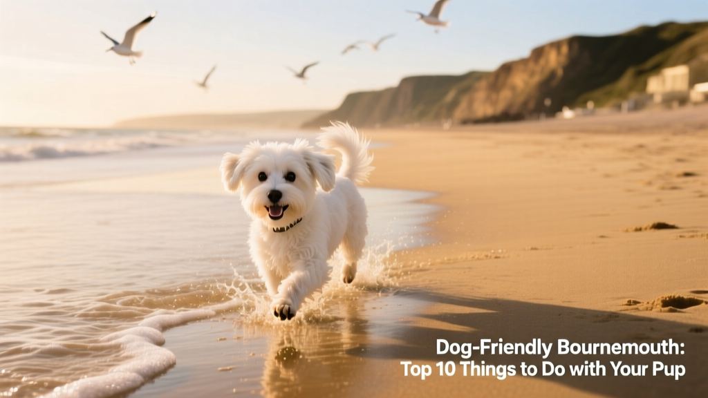 A small white dog happily exploring a sandy, open stretch of beach near Bournemouth