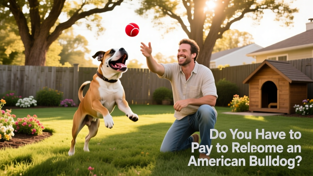 Happy American Bulldog playing fetch in a fenced backyard with a smiling adult